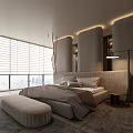 Elegant Modern Bedroom Interior With Wooden Elements Large Windows And Soft Lighting 3d model
