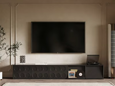 Black TV Stand With Circular Patterns And Flat Screen TV In Modern Living Room Interior 3d model