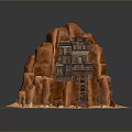 Desert Landscape With Red Rocky Mountains And Wooden Building Surrounded By Cacti
