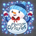 Cute Snowman Wearing Blue Hat Red Bow With Merry Christmas And Snowflakes Stars