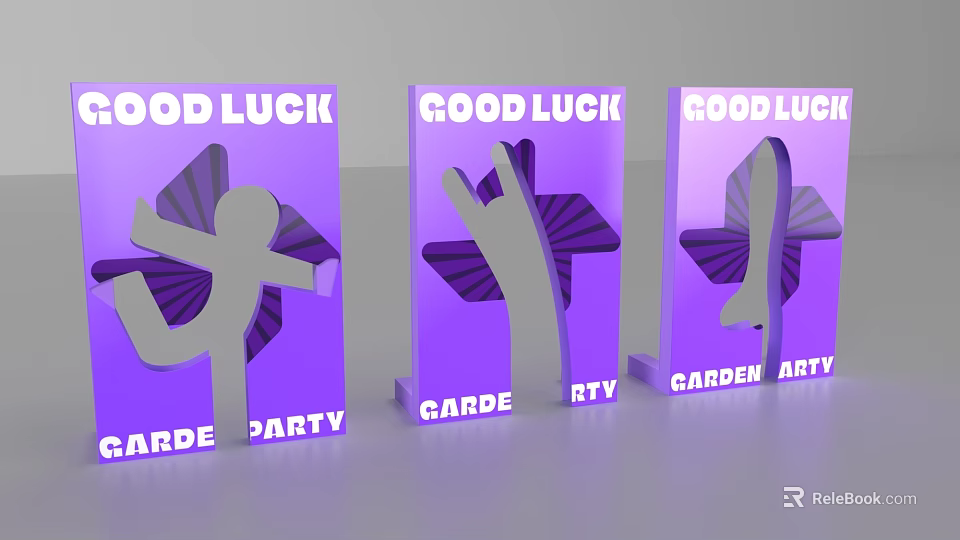 Vibrant Interactive Area with Purple Signs Good Luck Text and Human Figures for Garden Party 3d model 