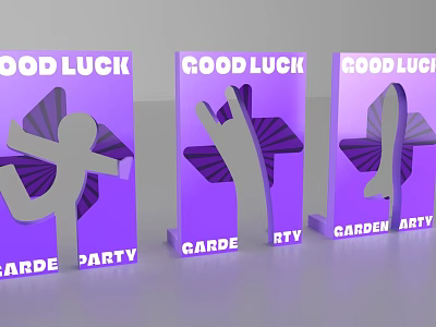 Vibrant Interactive Area with Purple Signs Good Luck Text and Human Figures for Garden Party 3d model
