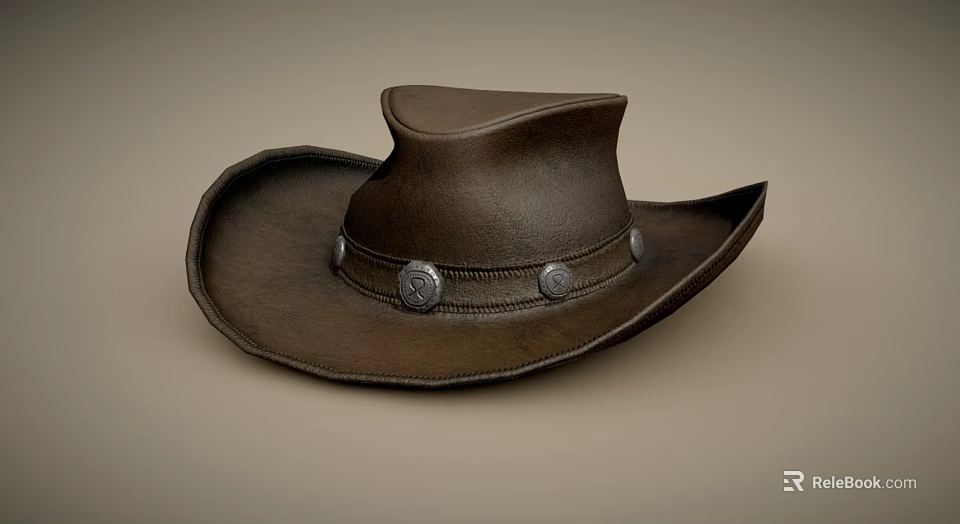 Brown Leather Cowboy Hat With Wide Brim And Decorative Metal Buckles 3d model 