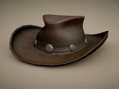 Brown Leather Cowboy Hat With Wide Brim And Decorative Metal Buckles 3d model
