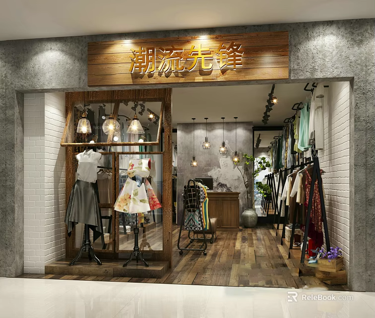Trendy Fashion Clothing Store With Window Display Clothing Racks And Interior Lighting 3d model 