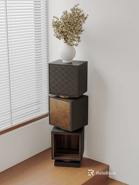 Modern Stacked Decorative Cabinet With Copper Panels White Vase And Window Blinds 3d model 