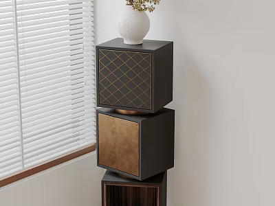 Modern Stacked Decorative Cabinet With Copper Panels White Vase And Window Blinds 3d model
