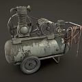 Vintage Industrial Air Compressor Equipment With Metal Frame Pressure Gauge And Wheels