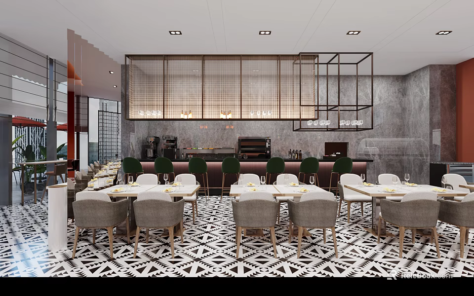 Modern Restaurant Interior With Geometric Floor Tiles Wooden Lattice And Marble Wall 3d model 