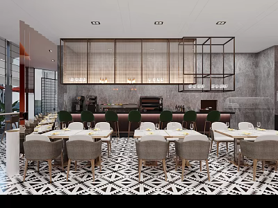Modern Restaurant Interior With Geometric Floor Tiles Wooden Lattice And Marble Wall 3d model