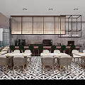 Modern Restaurant Interior With Geometric Floor Tiles Wooden Lattice And Marble Wall