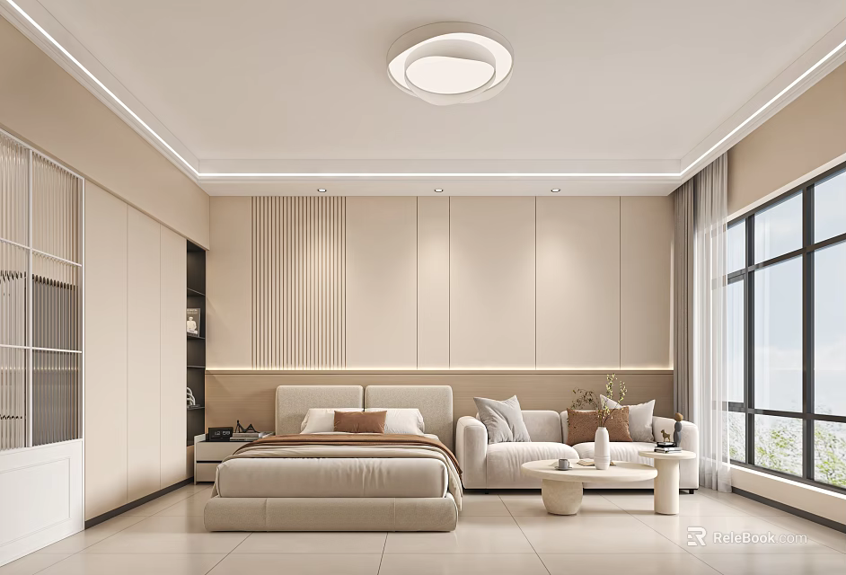 Modern Minimalist Apartment Interior With Bed Sofa And Big Window 3d model 