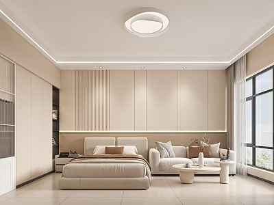 Modern Minimalist Apartment Interior With Bed Sofa And Big Window 3d model