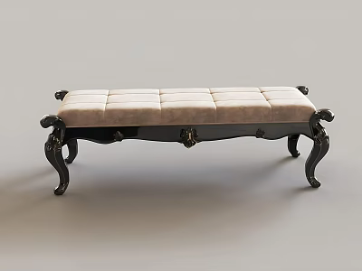Classic Tufted Sofa Bench With Black Carved Wooden Legs Light Beige Padded Seat Design 3d model