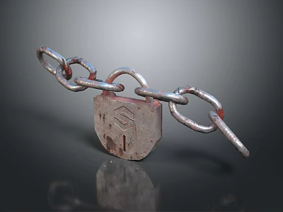 Rusty Door Handle With Old Padlock And Metal Chain On Dark Surface 3d model