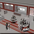 Clothing Store Interior Design With Mannequins Round Display Tables And Red White Decor