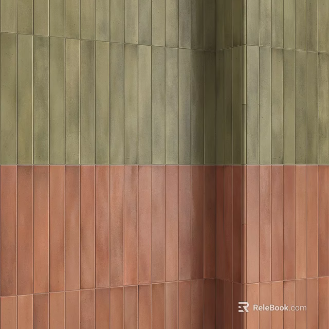 Wooden Vertical Slat Wall Components Featuring Green and Reddish Brown Two Tone Panels 3d model 