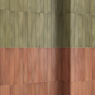 Wooden Vertical Slat Wall Components Featuring Green and Reddish Brown Two Tone Panels 3d model