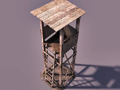 Wooden Watch Tower With Ladder Platform And Wooden Roof Structure 3d model