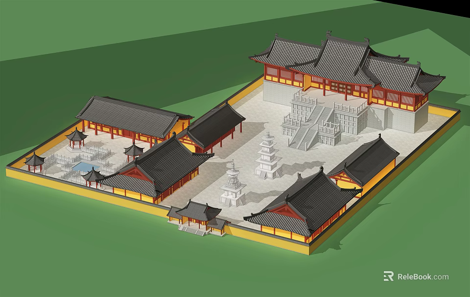 Traditional Chinese Ancient Architecture with Multiple Buildings Traditional Roofs and Courtyard Layout 3d model 