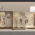 Modern Fashion Clothing Store Front with Glass Windows Mannequins Green Plants and Display Racks