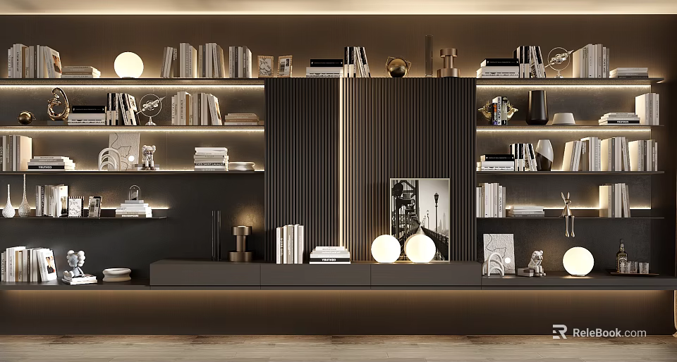 Modern Decorative Cabinet Interior With Shelves Books Decorative Items Mirror And Warm Lighting 3d model 