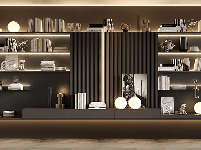 Modern Decorative Cabinet Interior With Shelves Books Decorative Items Mirror And Warm Lighting 3d model