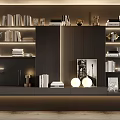 Modern Decorative Cabinet Interior With Shelves Books Decorative Items Mirror And Warm Lighting