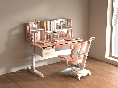 Pink Kids Desk with Bookshelf Storage Drawer and Ergonomic Study Chair in Room 3d model