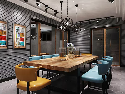 Modern Conference Room With Wooden Table Colorful Chairs Pendant Lights And Decorative Paintings 3d model