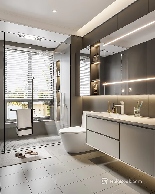 Modern Bathroom Interior With Glass Shower Large Window Smart Toilet And Vanity 3d model 