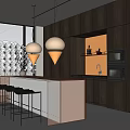 Modern Restaurant Kitchen With Dark Cabinets Orange Island Counter Pendant Lights And Black Bar Stools