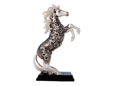 Silver Decorative Horse Sculpture With Intricate Swirl Patterns And Black Base 3d model