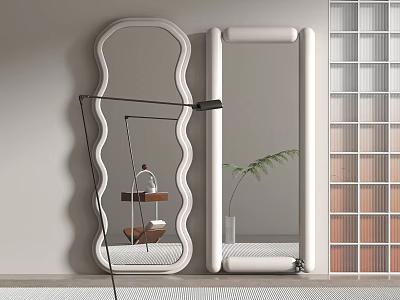 Stylish Decorative Mirrors with Wavy and Rectangular Frames in Minimalist Room with Potted Plant 3d model