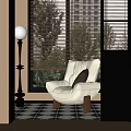 Cozy Home Balcony With White Armchair Floor Lamp Black White Tiled Floor And Trees View