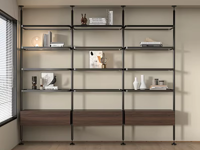 Modern Open Storage Shelving Rack In Living Room With Books Decorative Vases And Wooden Shelves 3d model