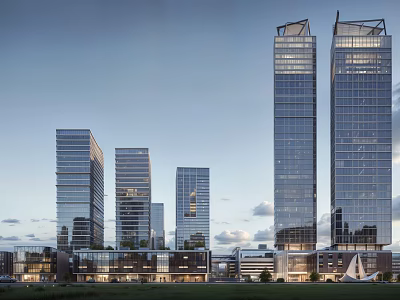 Modern Glass Curtain Wall Office Towers With Evening Sky And Surrounding Green Space 3d model