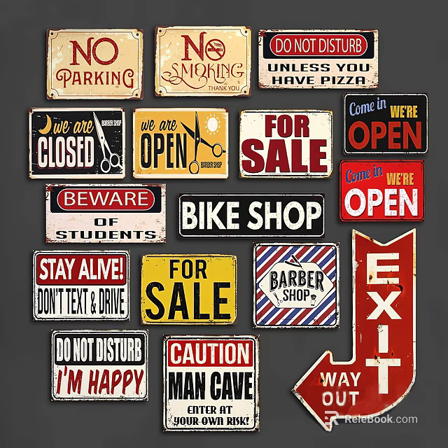 Vintage Retro Assorted Signs Featuring Parking Open Sale Exit And More 3d model 