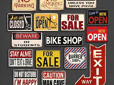 Vintage Retro Assorted Signs Featuring Parking Open Sale Exit And More 3d model