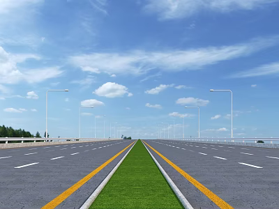 Scenic Bridge With Wide Road Central Grass Lawn Street Lamps Under Blue Sky White Clouds 3d model