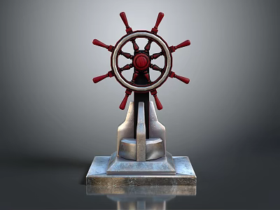 Vintage Nautical Decorative Ornament Set With Red Spokes Ship Wheel And Metal Base 3d model