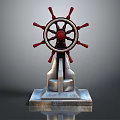 Vintage Nautical Decorative Ornament Set With Red Spokes Ship Wheel And Metal Base