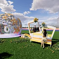 Scenic Photo Check-in Spot with Transparent Spherical Structure Green Lawn Decorative Flowers and Blue Sky
