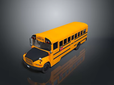 Yellow School Bus With Black Front Design And Side Windows Shiny Reflection On Dark Background 3d model