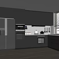 Modern Kitchen Interior With Gray Cabinets Stainless Steel Refrigerator And Built In Oven