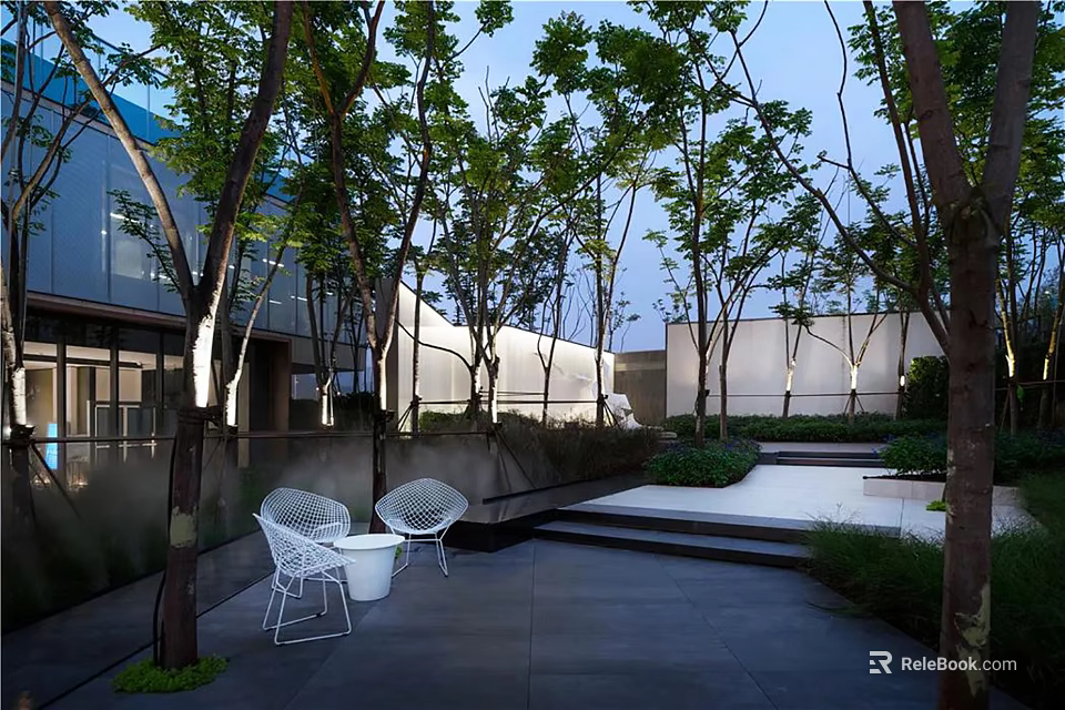 Modern Garden Landscape With Tall Trees White Chairs Stone Steps And Modern Building 3d model 