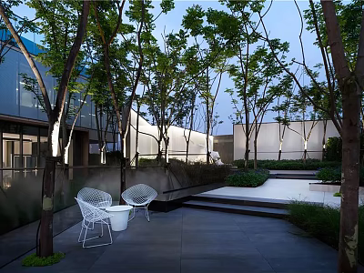 Modern Garden Landscape With Tall Trees White Chairs Stone Steps And Modern Building 3d model