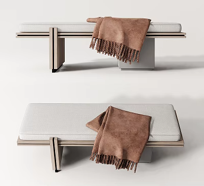 Two Modern Upholstered Ottomans With Soft Brown Blankets And Simple Design 3d model