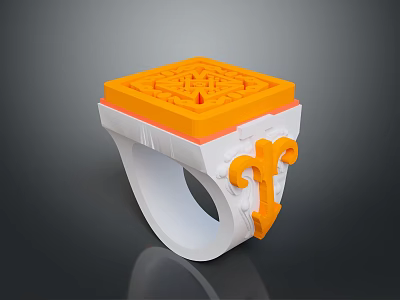 Stylish White Ring With Orange Square Patterned Top And Side Accents 3d model