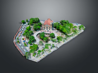 Red Roof Building Main Gate With Circular Plaza Lush Green Trees And Road 3d model